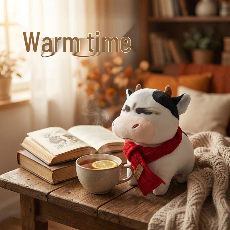 Amo Tlas Grassland Cow Plush Toy: Cute Abstract Expression Cow Doll & Scarf Set