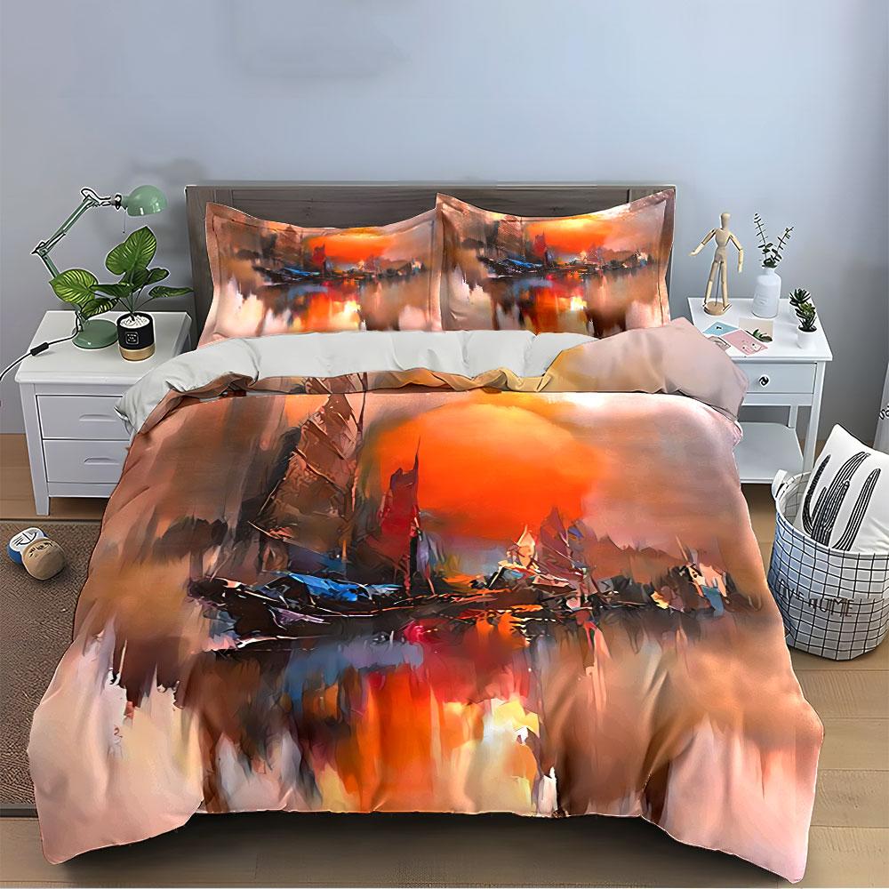Sunset Sailboat Abstract Art Bedding Duvet Cover Set Duvet Cover Pillowcases (1*Duvet Cover 2*Pillowcases, without duvet insert)