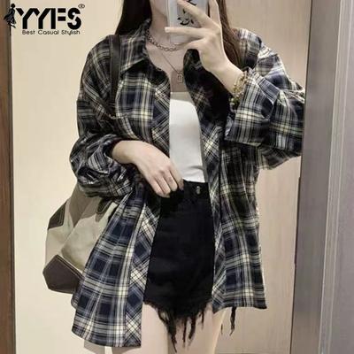 Женская мода повседневная весна осень клетчатый принт длинный рукав воротник поло блузки и рубашки