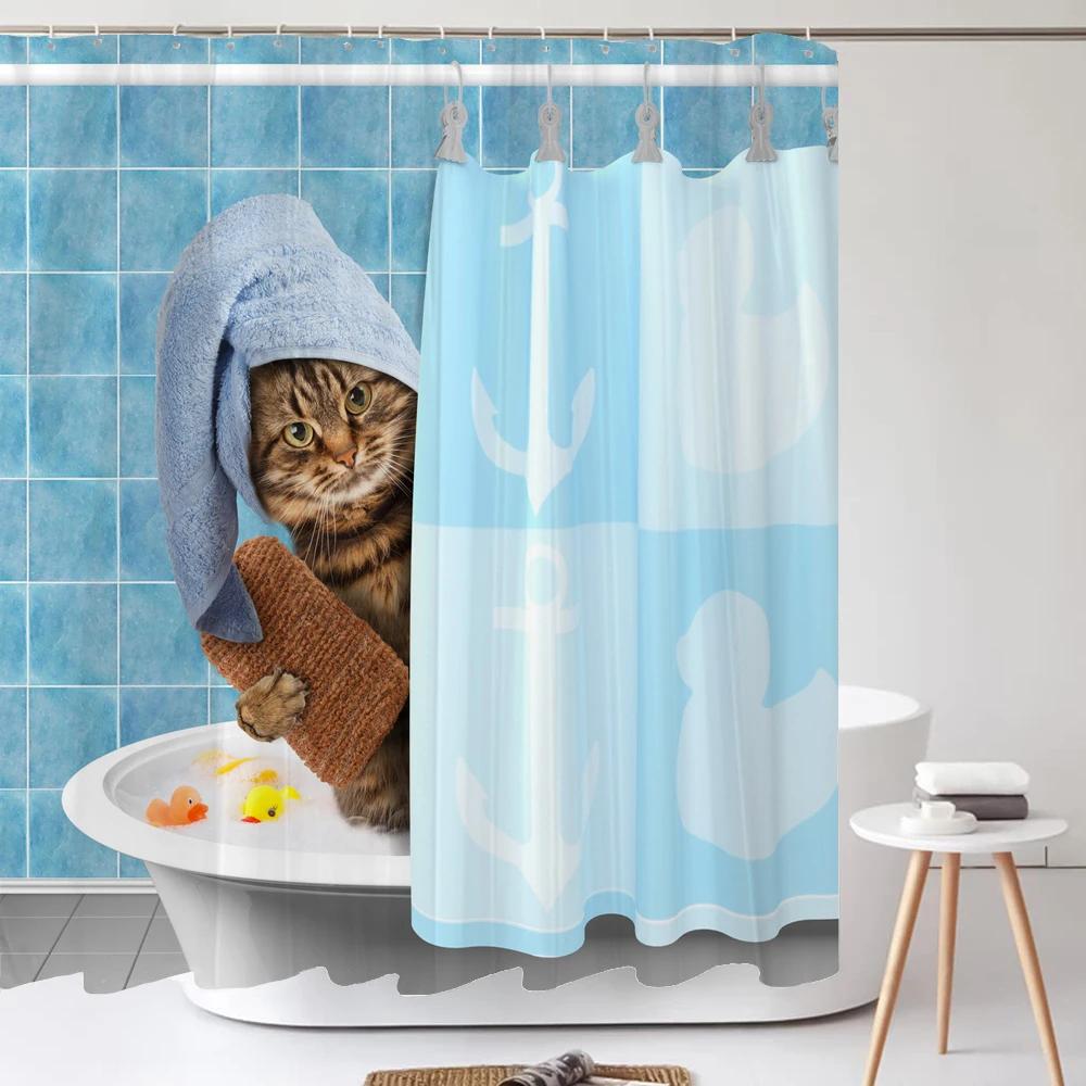 Забавные Милые Мультяшные Занавески для Душа с Кошкой и Собакой, Водонепроницаемая Занавеска для Ванны, Домашний Декор с Крючками