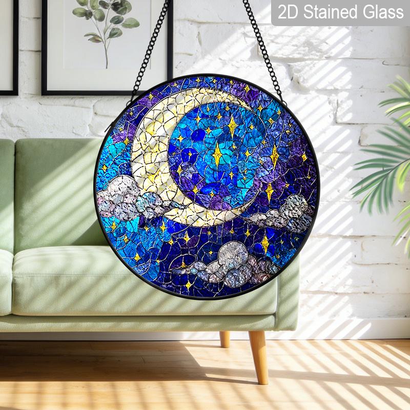 2D Flat Stained Glass Moon and Stars Night Sky Window Decoration Colored Glass Plate, 7.87inches Deep Blue Starry Sky Design Hanging Sun Catcher