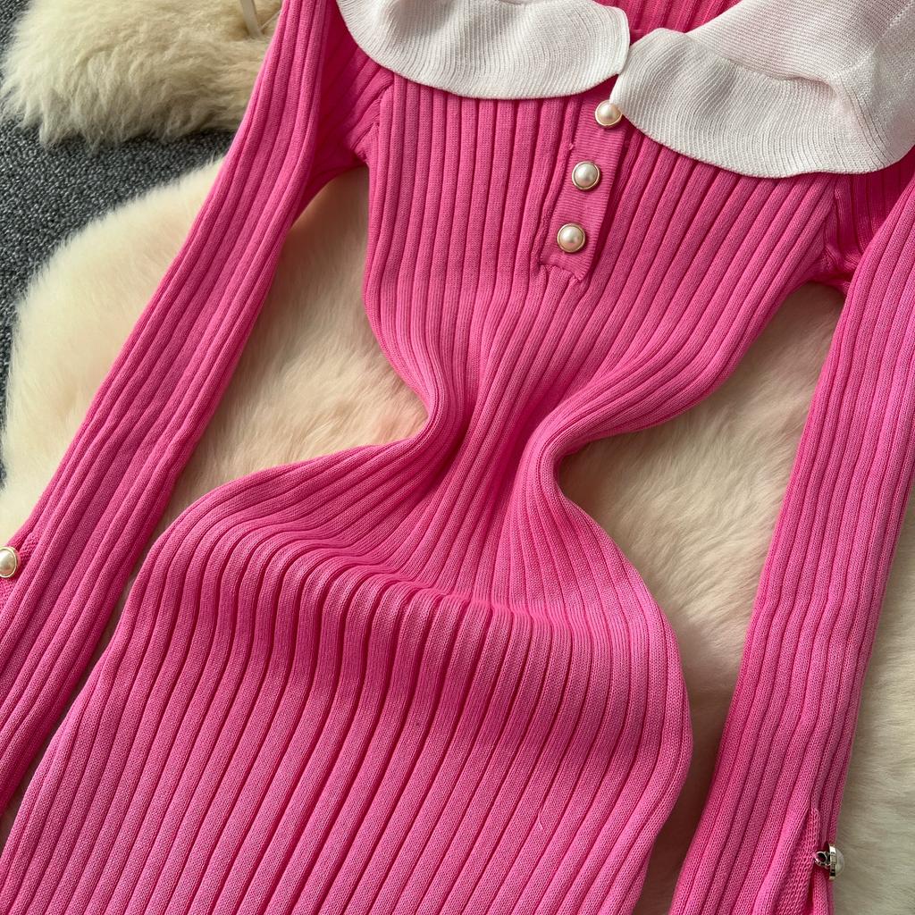 Весна Осень Женский Сладкий Вязаный Свитер с Воротником Питер Пэн Длинные Миди Приталенные Платья Русалки