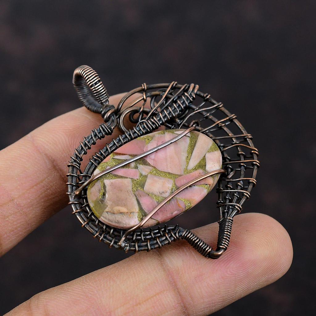 Медный розовый опаловый кулон, обернутый медной проволокой, ювелирное изделие, уникальный стиль, кулон, ювелирное изделие из драгоценных камней ручной работы, кулон, обернутый медной проволокой, подарок для матери