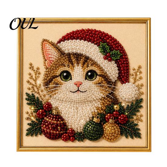 Winter Wonderland Creative Activities Christmas Faux Pearl Art Kit, Xmas Hat Cat Dog Painting DIY Decorative for Fireplace 3D Puppy Bead Craft