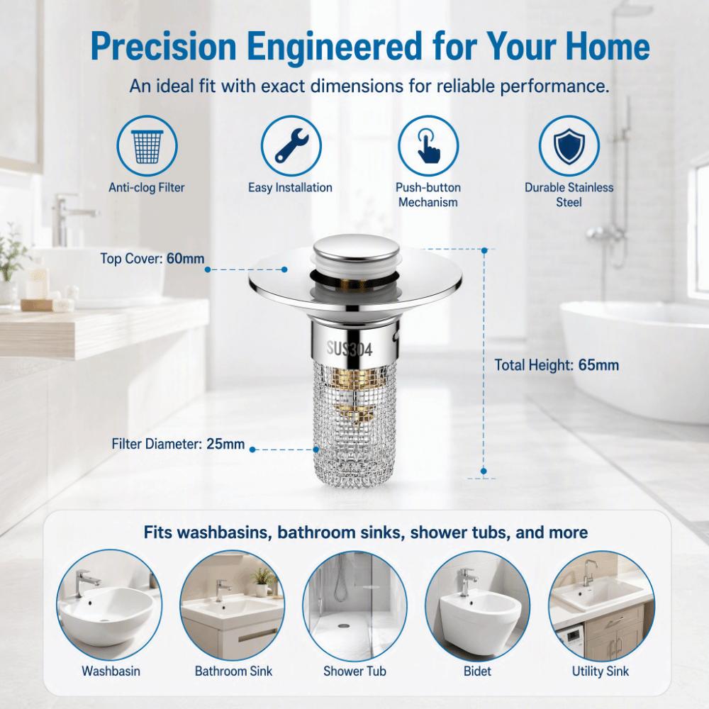 2 Pack Push Bounce Sink Drain Strainer Sink Drain Filter Stopper Washbasin