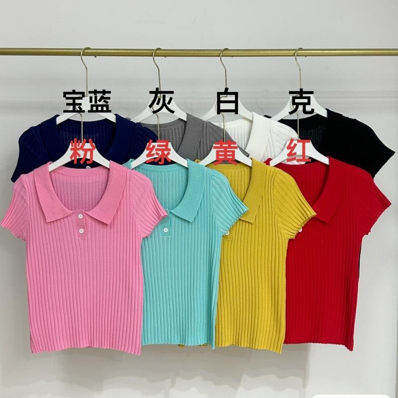 Korean Xiaofei sleeves yellow sexy front shoulder women's summer thin ice silk knitted sweater women's top polo collar short sleeves