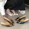 Fashion Metal Buckles Decoration Leather Slippers Women Sexy Pointed Toe Low Heel Slide Sandals Summer Elegant Banquet Dress Muels Shoes