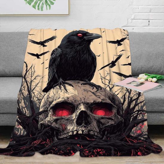Gothic Flannel Blanket Creepy Red Eye Skull Crow Throw Blanket Washable Cozy Blanket for Men Women Boys Girls Sofa Couch Bed Use