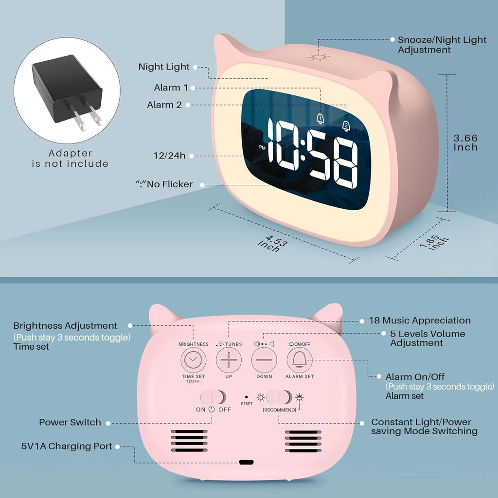 Kids Alarm Clock LED Cartoon Cat Ear Digital Clock Student Bedside with Night Light & 18 Ringtones