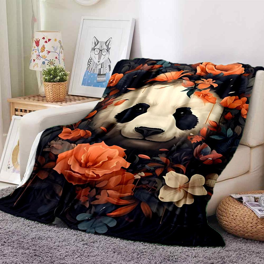 1pc Panda Floral Print Blanket - Lightweight Flannel Fleece with Digital Printing, Soft Warm for Sofa, Travel, Camping, Office yy251018272