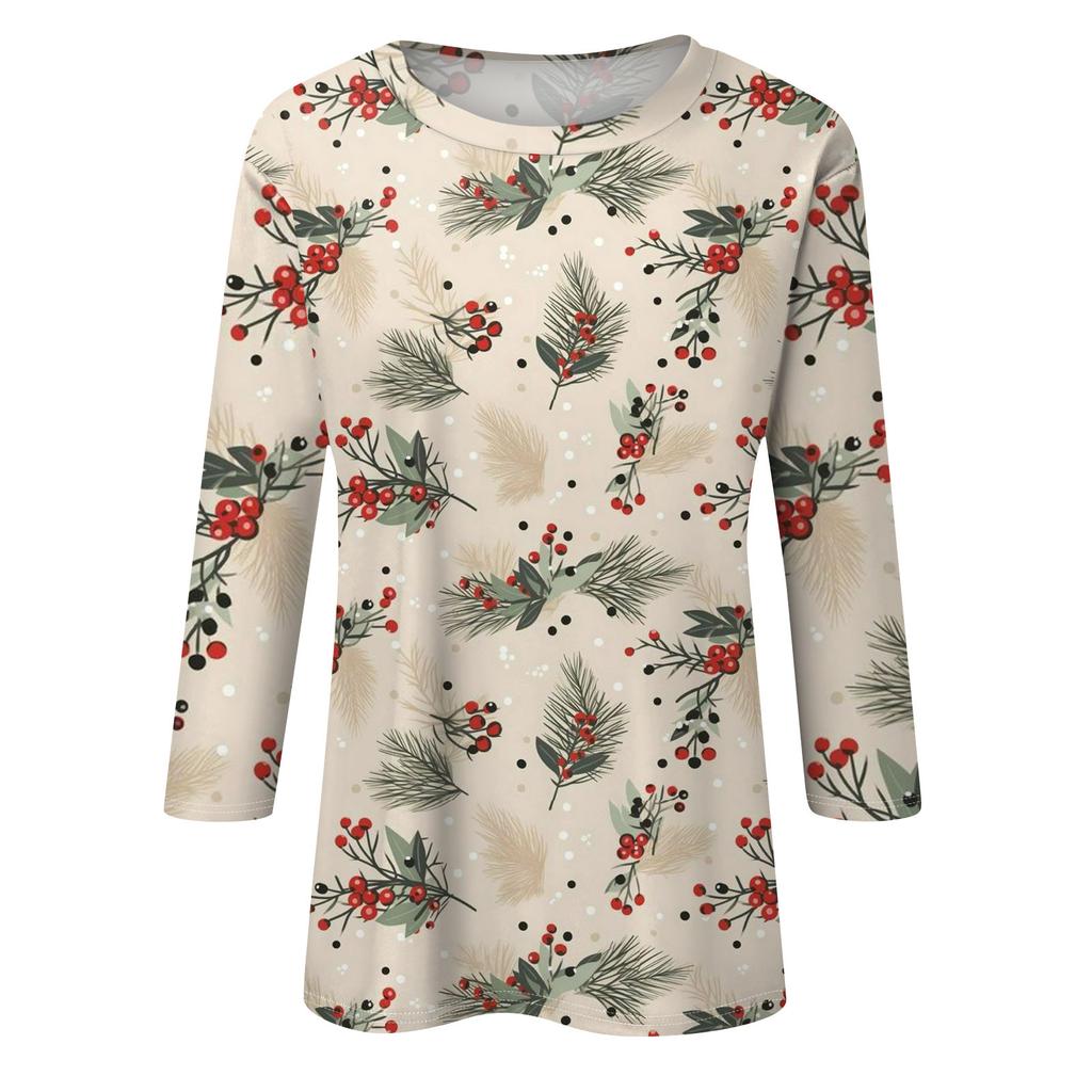 Women's Fashion Casual Seven Sleeve Christmas Printed Round Neck Top