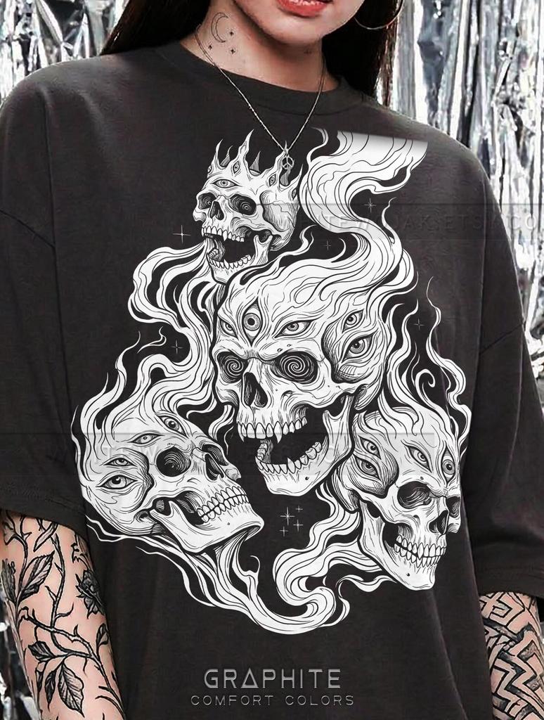 Screaming Skulls Gothic Dark Art Macabre Skeletons Comfort Colors® Tshirt, Surreal Multi Eye Flames Creepy Horror Black And White Tee