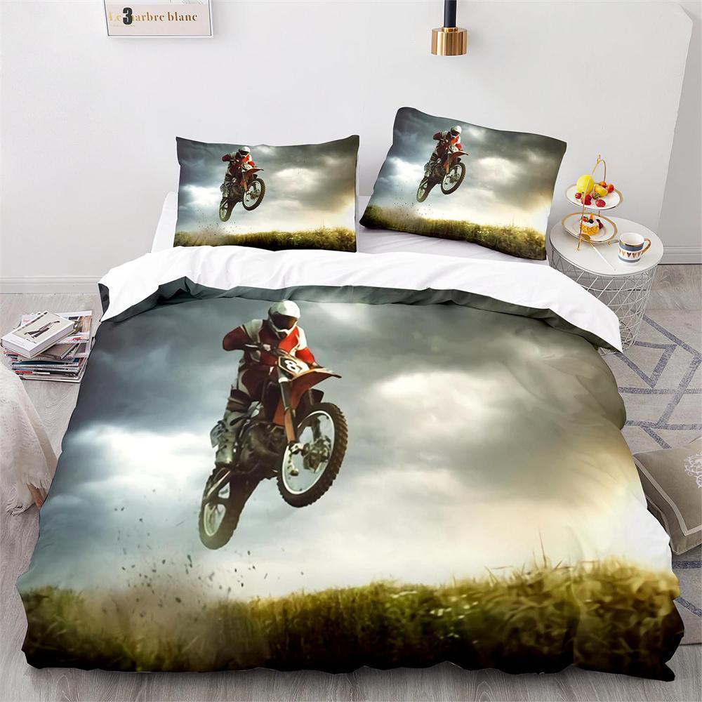 Dirt Bike Duvet Cover Set Motocross Rider Comforter Cover Motorcycle Extreme Sport Game Polyester Bedding Set For Kid Boys Teens