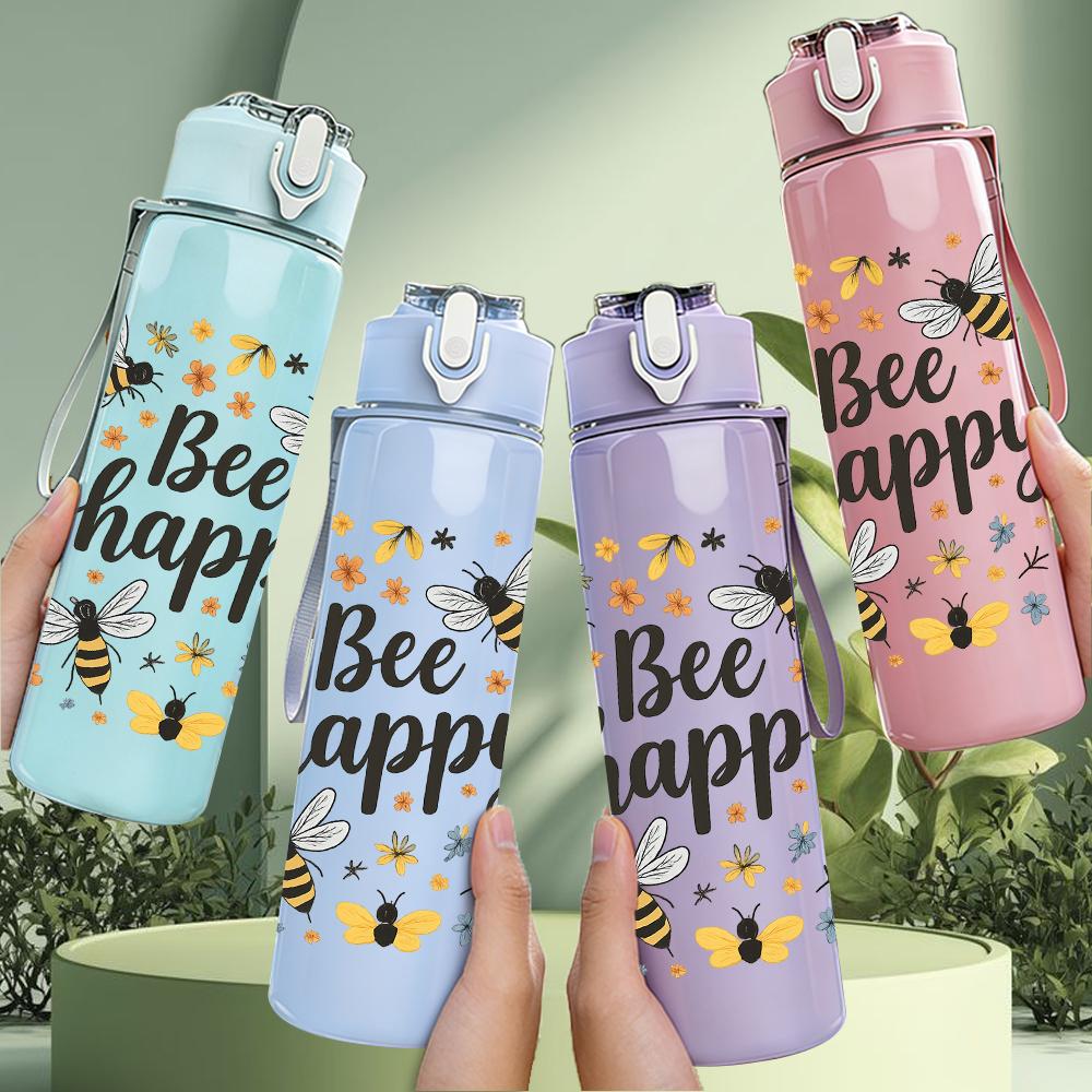 1PC Bee Happy Floral Letter 750ml Color Plastic Sports Water Bottle Leakproof Flip Straw Lid For Sports Office Home Use