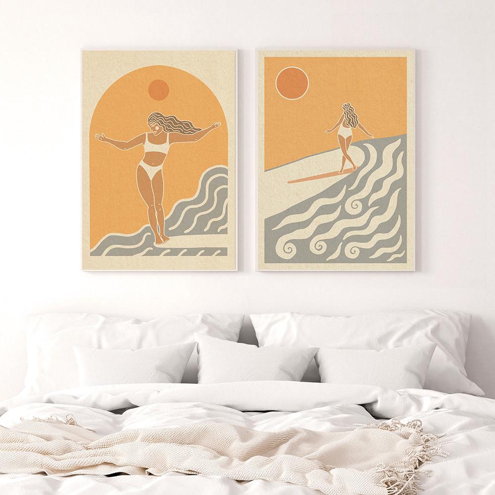 Wave Chaser Surf Girl Холст Картина Закат Пляжный Дом Прибрежные Растения Принты Скандинавские Плакаты для Серфинга Хижины Домашний Декор Фотографии