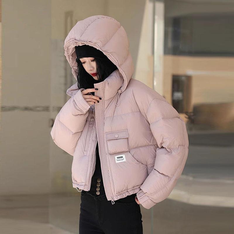 Hooded down bread clothes women's 2024 winter fashion design sense pockets thickened warm white duck down casual jacket