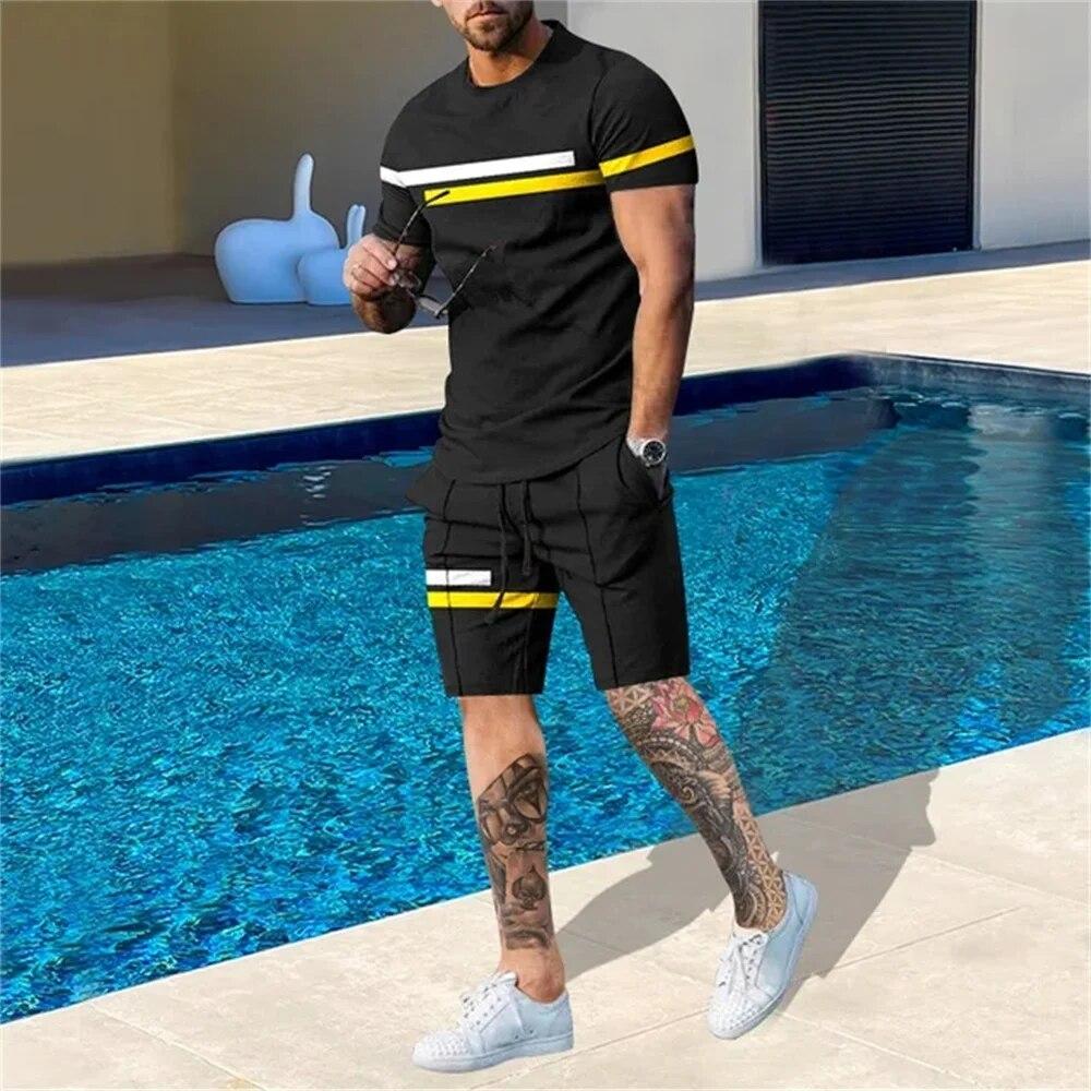 Summer New Men's Sportswear Patchwork Color Printing O-Neck T-Shirt 2-Piece Set Fashion Oversized Men's Tracksuits Casual Clothe