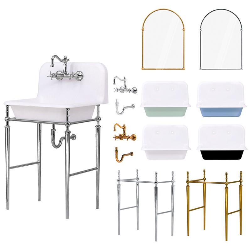 1:6 Dollhouse Miniature Kitchen Sink Lavatory Washbasin Water Faucet Bathroom Mirror Wash Sink Pot Model Diy Furniture Toy Decor