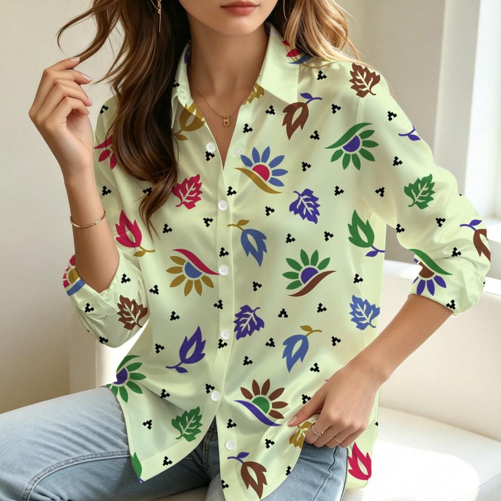 Women's Lapel Long Sleeve Blouse with Colorful Leaf Floral Print on Light Purple Background, Daily Home Top