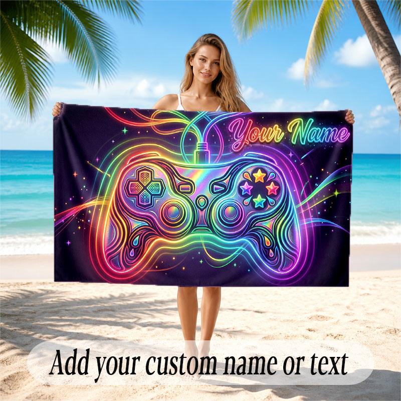Game Controller Theme Beach Towel Personalized Custom Name & Text Soft Quick Dry Beach Towel for Swimming Travel