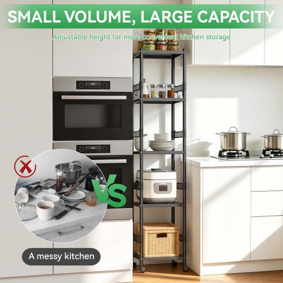 Thickened Carbon Steel Storage Rack 5-Tier Adjustable Metal Shelf with Locking Wheels, 440 lbs Capacity, Heavy Duty Layer Height Triangle Support,