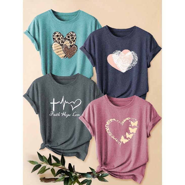 Four-piece set of women's heart-patterned short-sleeve shirts Leopard print hollow-out pink heart ECG print round-neck summer dress T Shirt Suitable