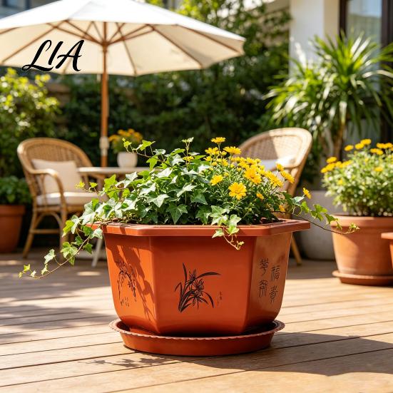 Frost Resistant Flower Pots for Winter Hexagonal Pot with Drainage Holes & Saucer Indoor Outdoor Plants, Durable Weather Patio Planter Roses
