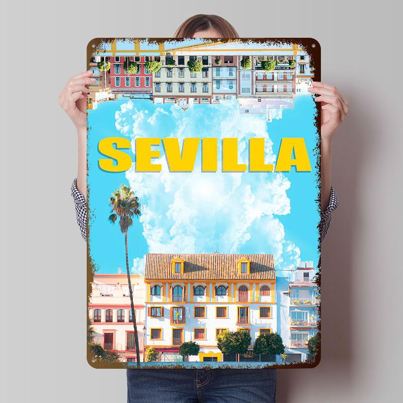 Sevilla Cityscape With UpsideDown Tinplate Poster Custom Wall Art Vintage Metal Signs Retro Tin Plaque for Room Accessories