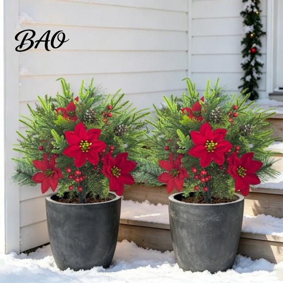 Festive Pathway Decorations Artificial Poinsettia Flower Yard Stake, Red Christmas Floral Ground Spike Decor, Maintenance Free Winter Plants
