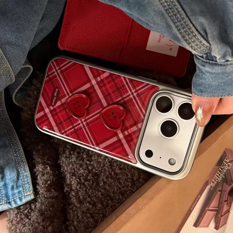 Ретро Винно-Красный Клетчатый Узор Объемная Кнопка-Сердечко Ударопрочный Чехол для Телефона для iPhone 17 16 15 14 13 12 Pro Max Plus Air