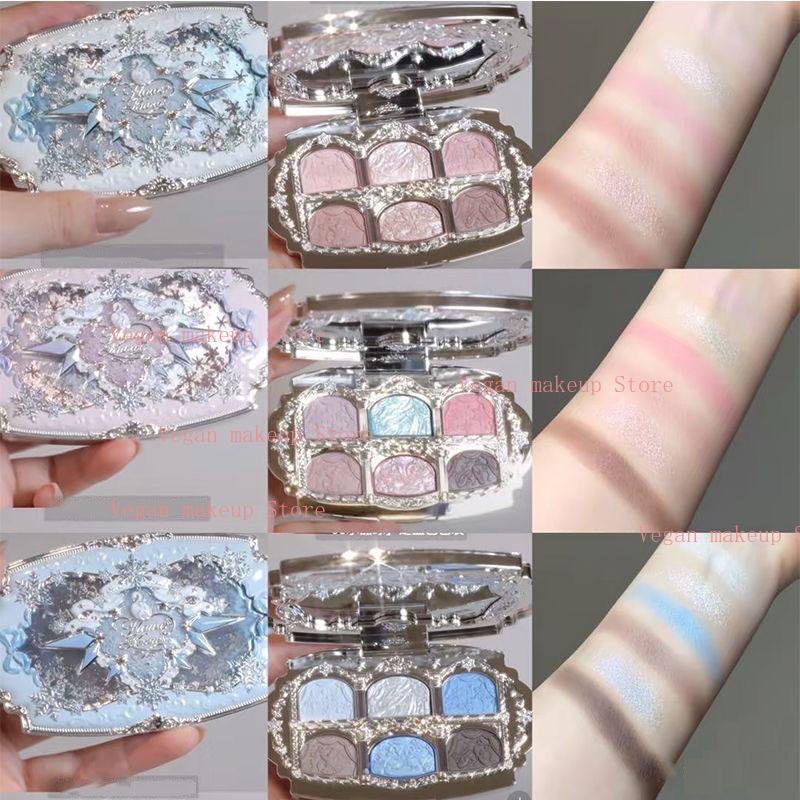Flower Knows Snow Ballet 6 Colors Satin Eye Shadow Palette Velvet Matte & Pearl Shimmer in One,Blendable Fairytale-Easy Formula