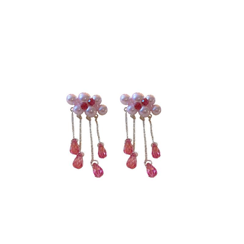 Silver Needle Diamond Cloud Artificial Pearl Crystal Earrings Sweet Fashion Fringed Earrings Light Luxury New Delicate Earrings