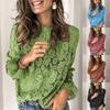 Women's Round Neck Pullover Solid Color Pagoda Sleeve Long Sleeve Hollow Lace Shirt