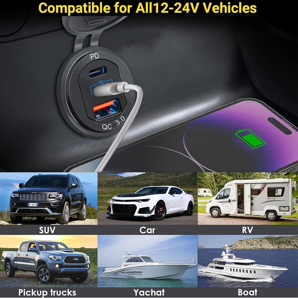 Kebidumei 12 В/24 В многофункциональное автомобильное зарядное гнездо PD3.0 и порты QC3.0 водонепроницаемое с сенсорным переключателем быстрая зарядка автомобильный мото-адаптер
