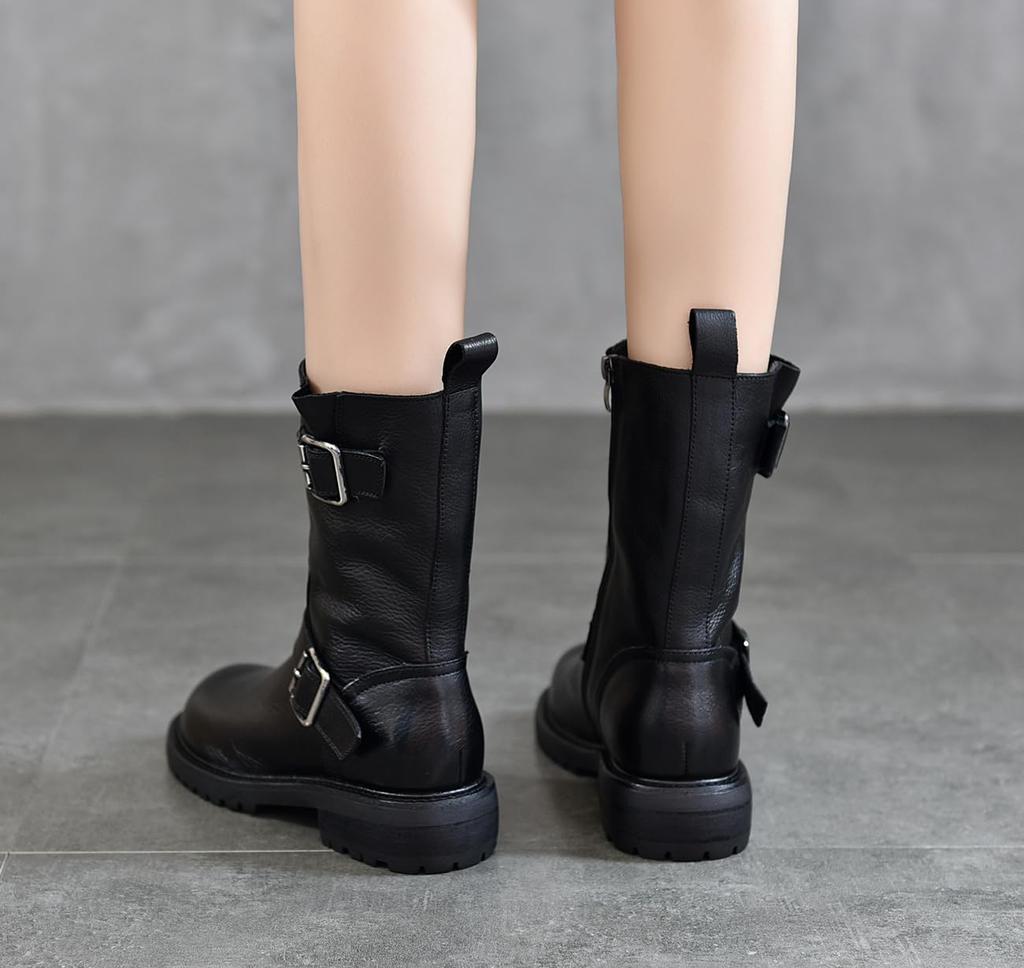 Короткие круглые настоящие боковые низкие западные удобные для ходьбы [ZUYEE] женские ботинки, носок, кожа, молния, ремень, каблук, инженерные, полусапоги, ботинки, в, черном,