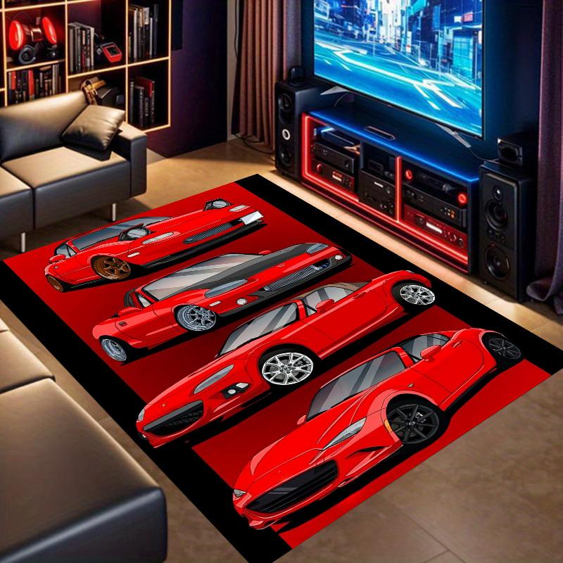 Red Supercar Collection Print Area Rug Non‑Slip Rectangular Floor Mat Racing Car Fan Decor for Gaming Bedroom Living Room