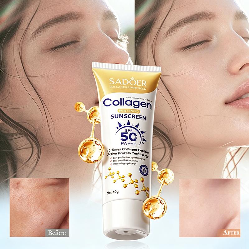 Солнцезащитный крем SADOER с коллагеном SPF 50+ с отбеливающей и антиоксидантной формулой