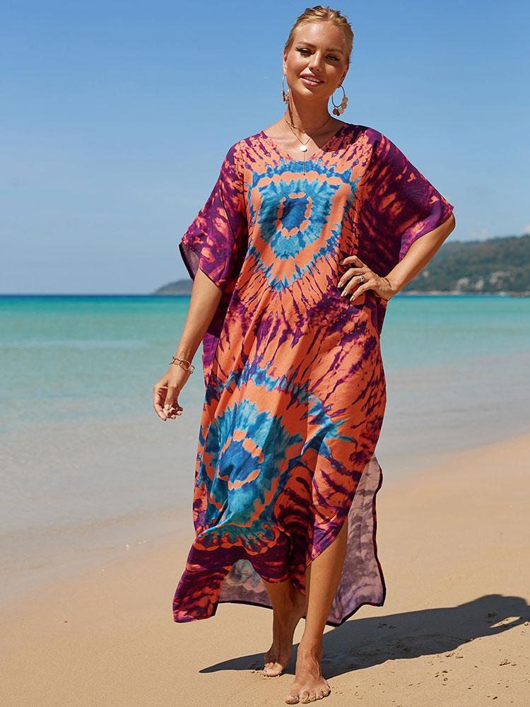 EDOLYNSA Разноцветный кафтан в богемном стиле с v-образным вырезом и рукавами «летучая мышь», женское платье макси, пляжная одежда, платье макси с половиной рукавов, халат