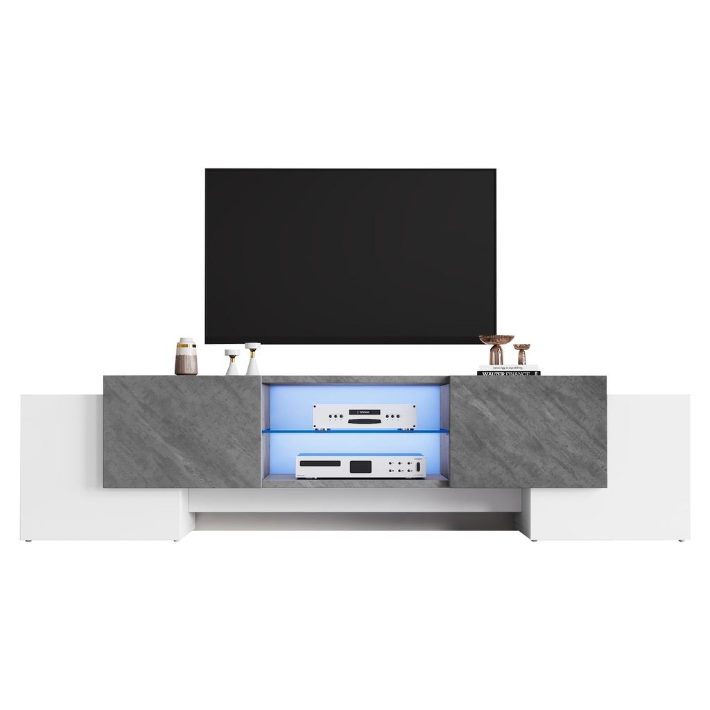 TV Schrank, TV Lowboard Moderner 60/65/70 Zoll Fernseher, TV Ständer 4 Türen, Glasböden, TV Bank Wohnzimmer Schlafzimmer, TV Möbel, Weiß & Grau