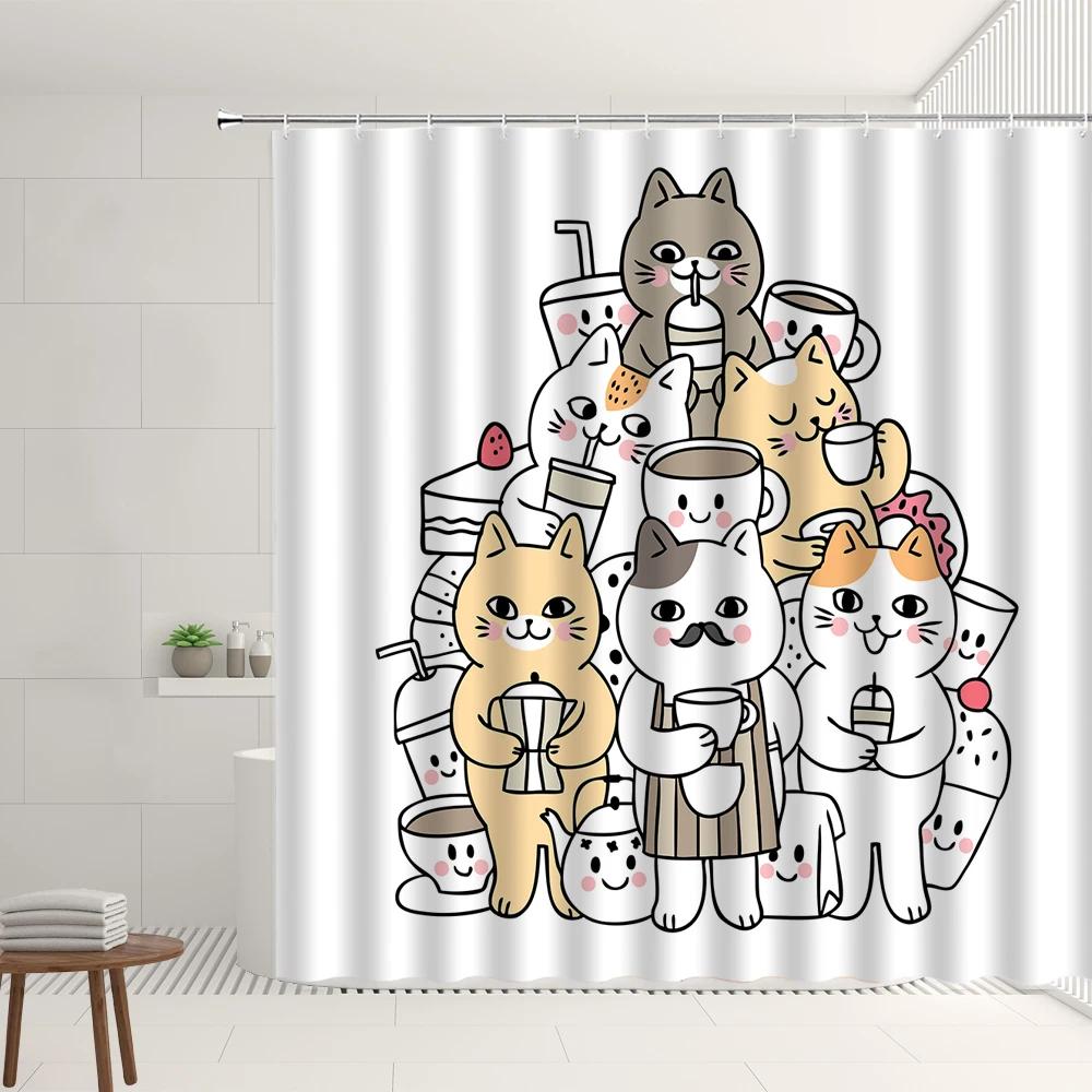 Cartoon Shower Curtain Set With Hooks Simple Watercolor Animals Pattern Children's Room Bathroom Bathtub Decor Screens Washable