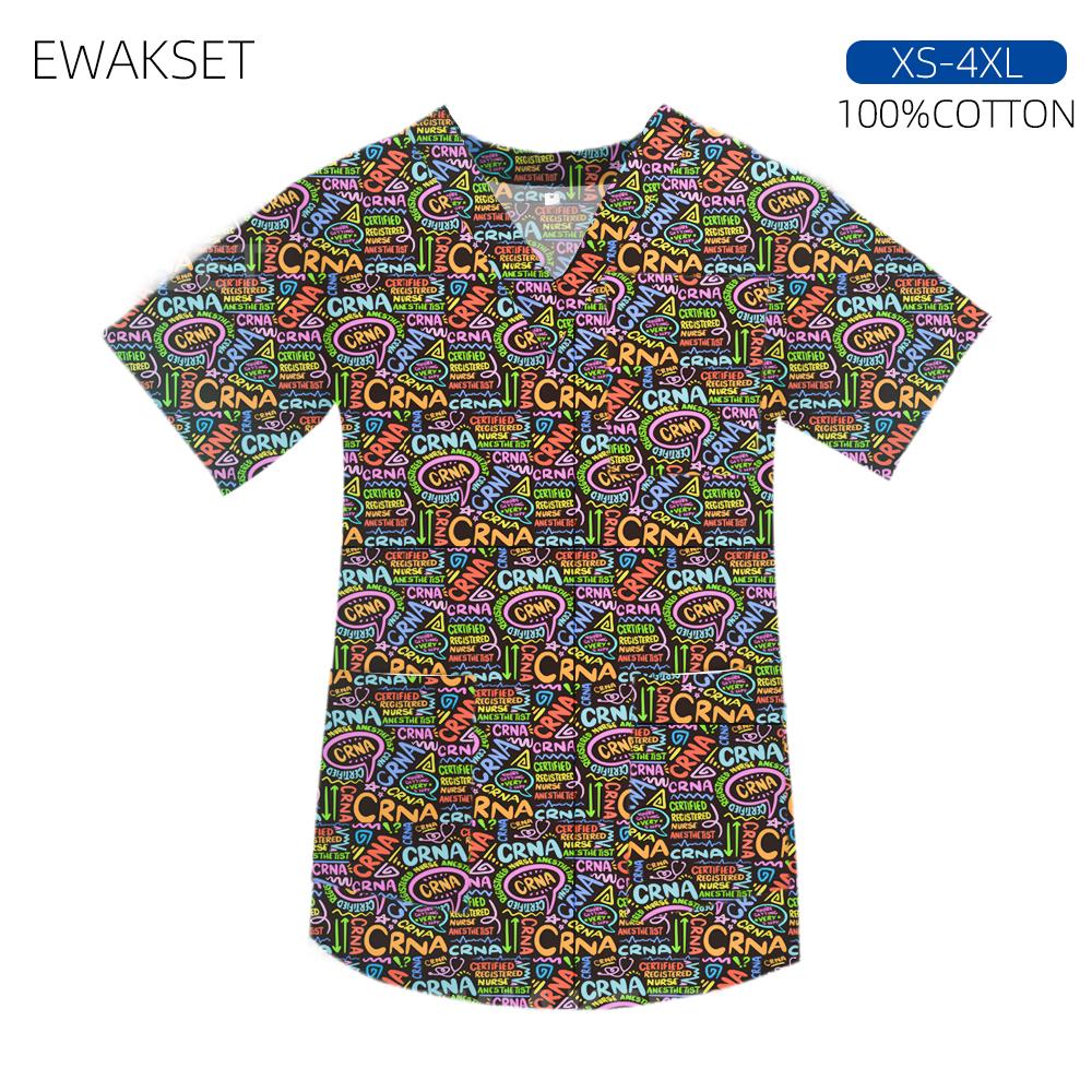 Women Men Printed Cotton Scrub Top Hospital Short Sleeve V-Neck Medical Nursing Uniform for Dentist Nurse Doctor