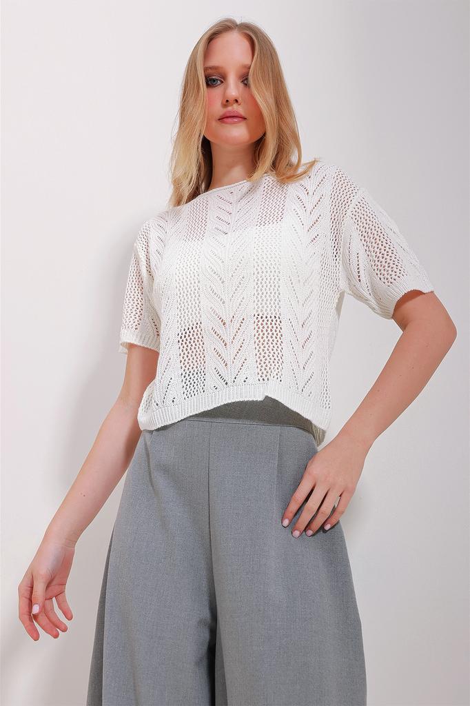 Women's Blouse New Season Fashion Biscuit Crew Neck Openwork Half Sleeve Seasonal Knitwear Blouse