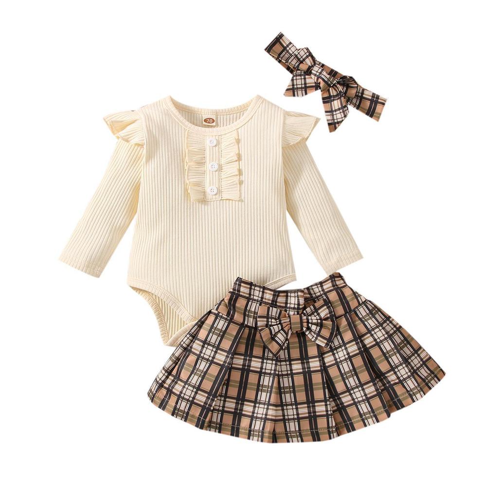 Factory 100% Cotton Baby Clothes Girls Summer College Style Baby Girl Romper Top Skirt Three Piece Set