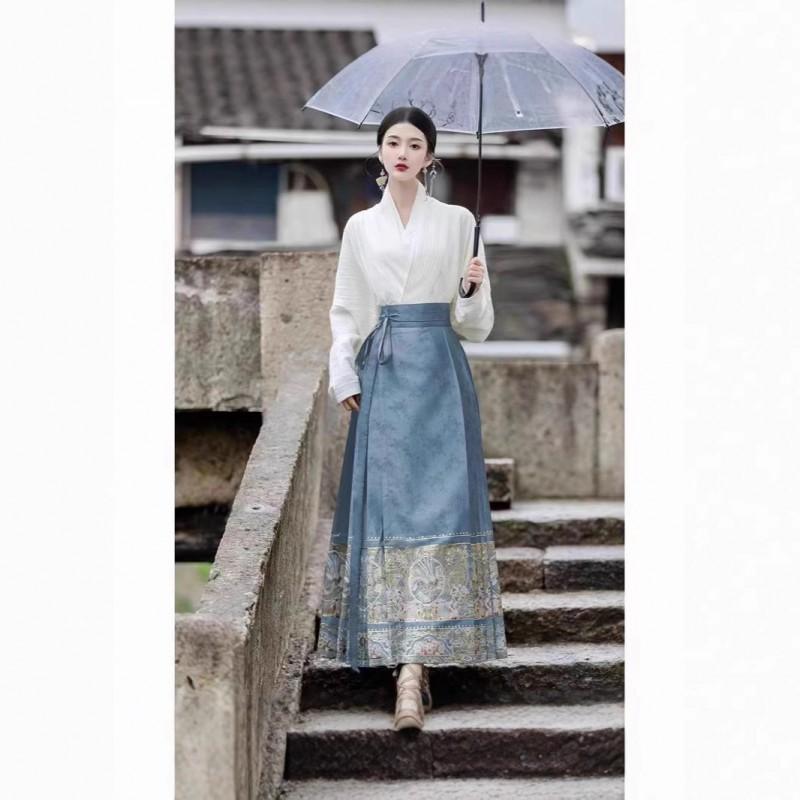 Ming Dynasty Inspired Hanfu Set Womens Embroidered Inner Collar Top Horse-Face Skirt Winter Daily Wear