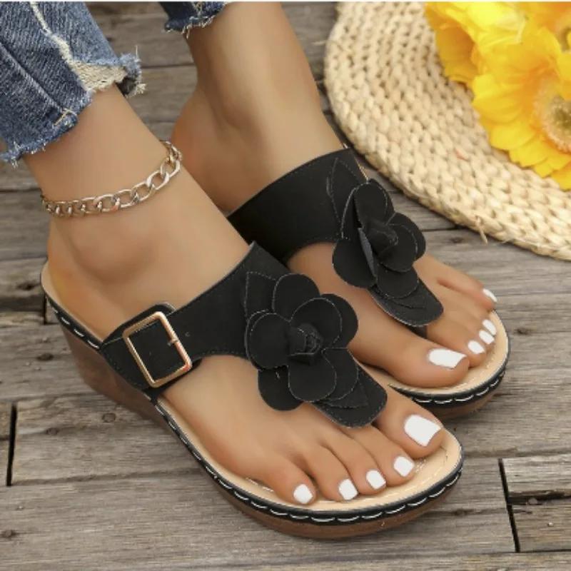 Fashion Flower Wedges Slippers Women Mid Heels Shoes Clip Toe Sandals 2024 Casual Walking Flip Flops New Summer Platform Female Slides