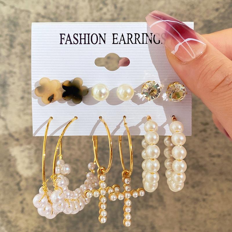 Новый набор больших золотых серег-колец для женщин Модные богемные винтажные жемчужные серьги Сердечки с цирконами Серьги-гвоздики Ювелирные изделия Подарки