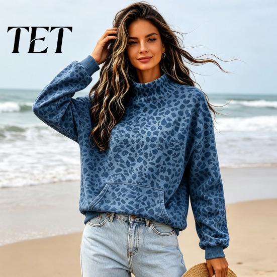 Women Casual Top Leopard Print Sweatshirt, Mock Neck Long Sleeve Pullover with Loose Fitting Clothes Kangaroo Pocket, Drop Shoulder for Fall
