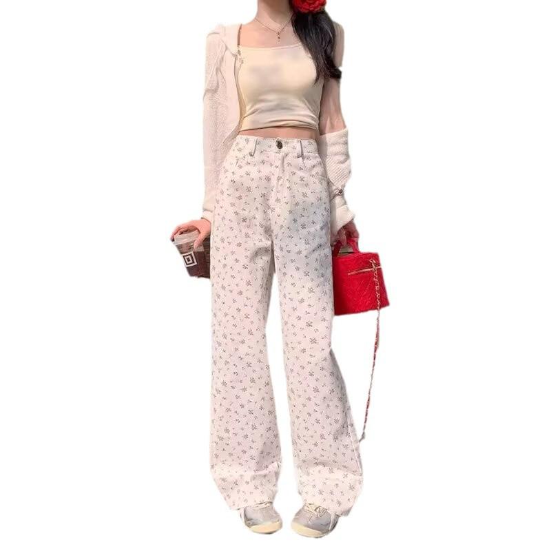 Женские укороченные брюки с цветочным принтом и широкими штанинами - Ретро уличный стиль, Прямые штанины, Свободный крой для повседневной носки осенью и летом.