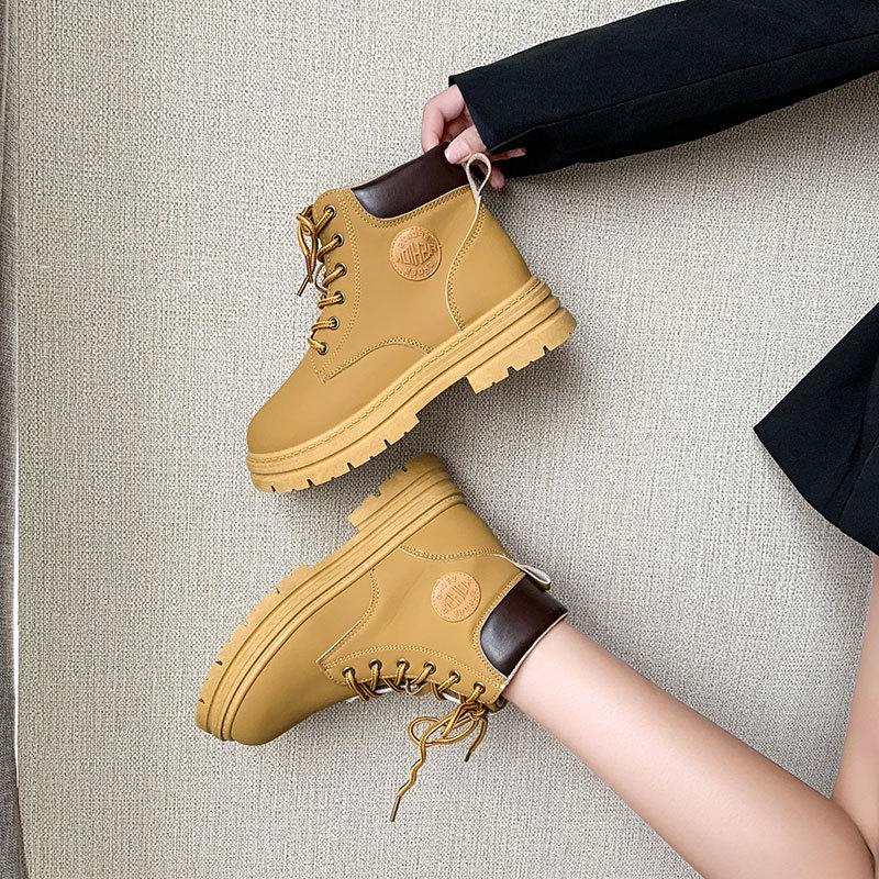 Ботинки Мартин новые осенние короткие ботинки с высоким берцем ботинки цвета ревеня желтые на толстой подошве британские горные ботинки