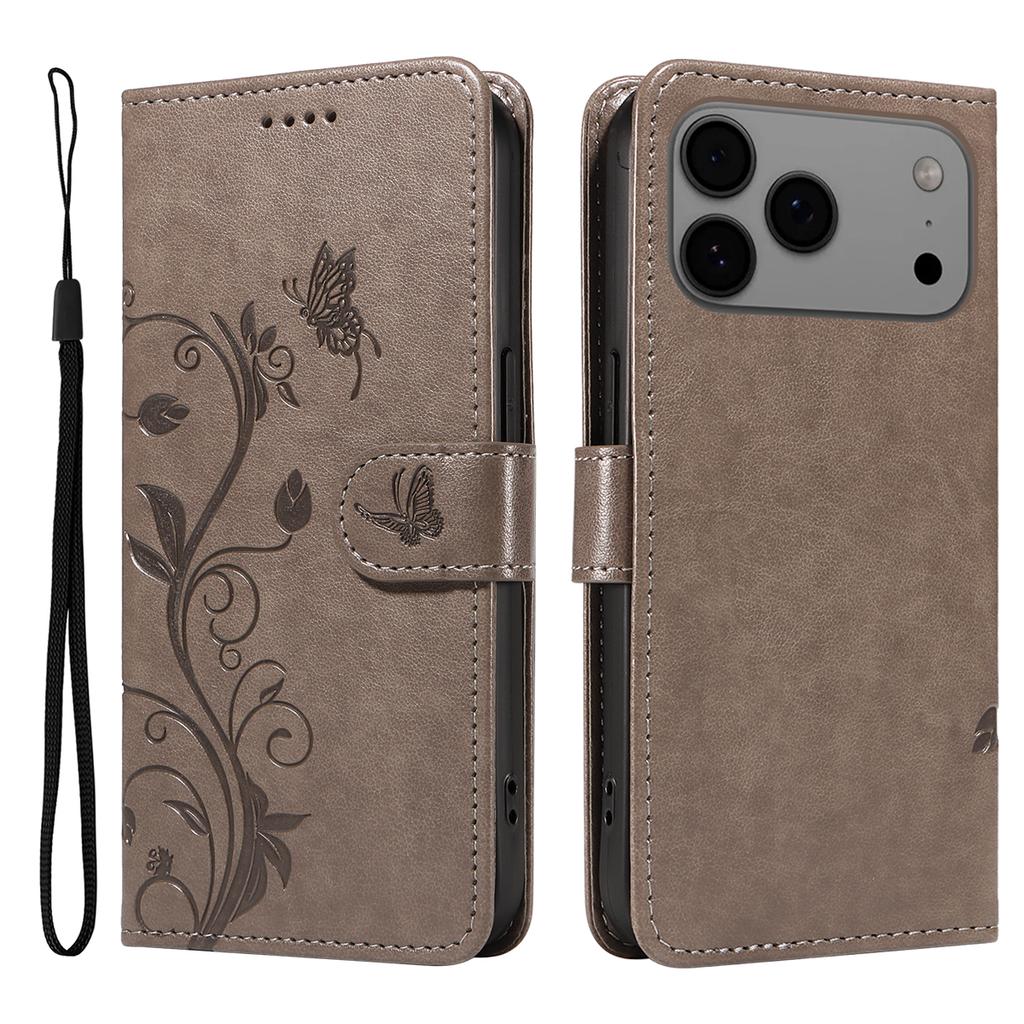 For iPhone 17 Pro Max PU Leather Cases Flower Pattern Wallet Stand Phone Cover with Strap